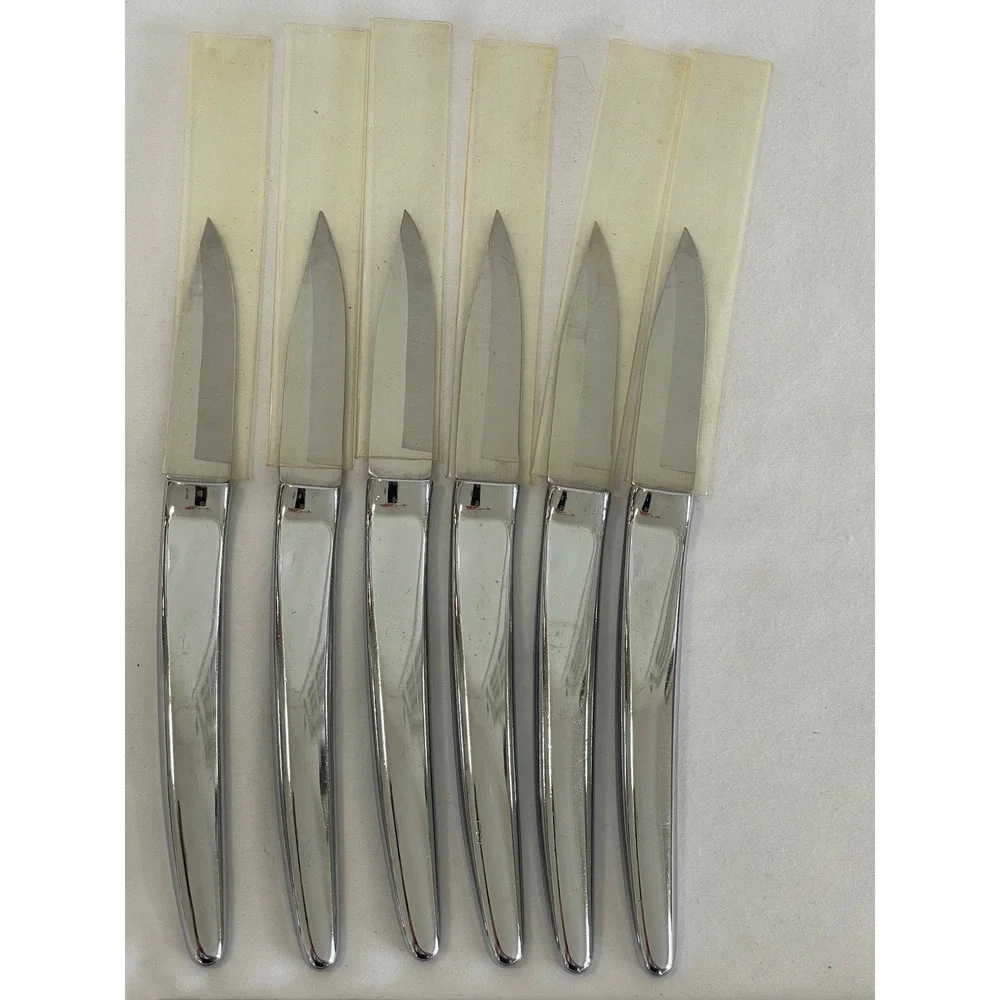 Vintage Carvel Hall Steak Knife Set 6pc Mid Century Modern Chrome with Sharpener